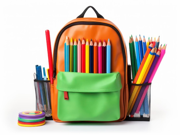 School backpack and school supplies isolated on white background