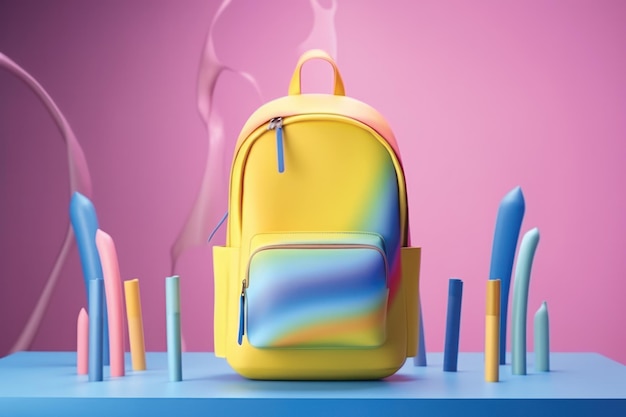 school backpack with colorful coloring pencils pens and other school essentials with rainbow