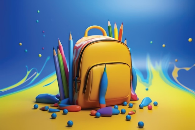 school backpack with colorful coloring pencils pens and other school essentials with rainbow