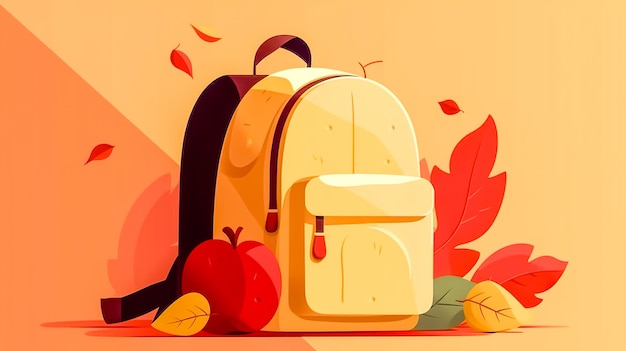 School backpack with leaves on a yellow background generative ai