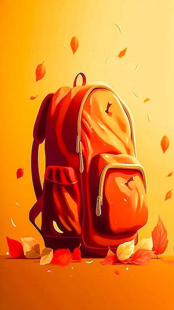 School backpack with leaves on a yellow background generative ai