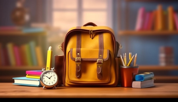 School Backpack with school supplies background