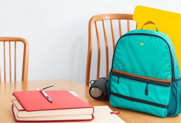Photo school backpack with school supplies background