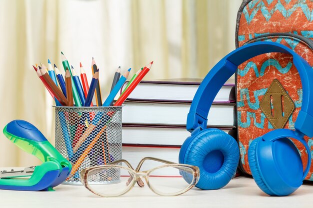 Photo school backpack with school supplies