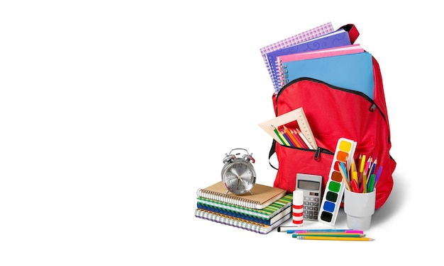 School Backpack with stationery, close-up view