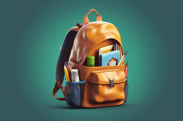 School backpack with stationery on dark background back to school concept 3d rendering