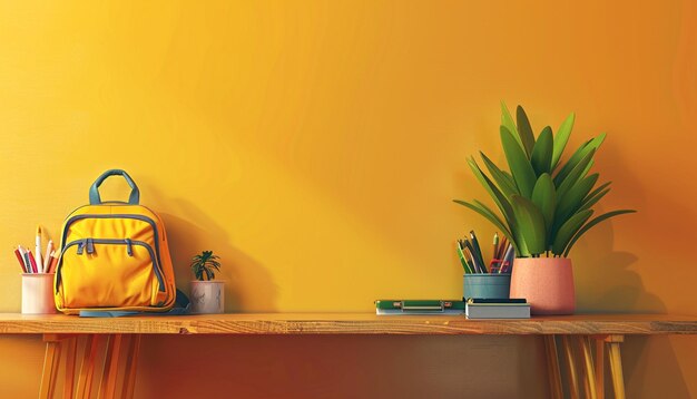 School backpack with stationery on table in classroom