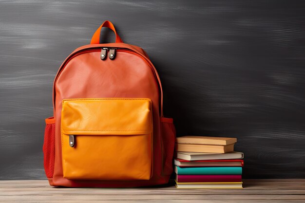 School backpack on wooden table against wall