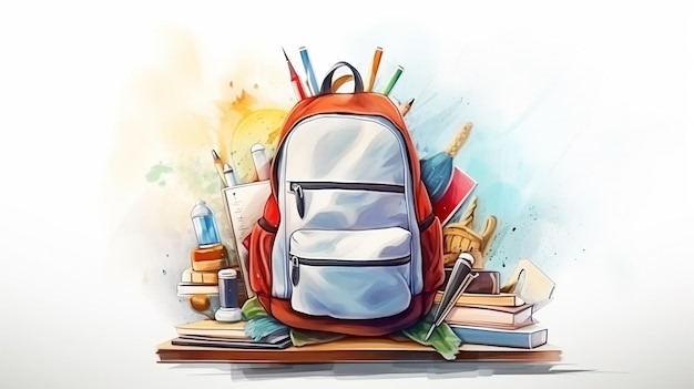 school backpacks school supplies on white background light watercolor painting drawing back to school