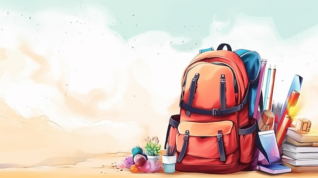 school backpacks school supplies on white background light watercolor painting drawing back to school