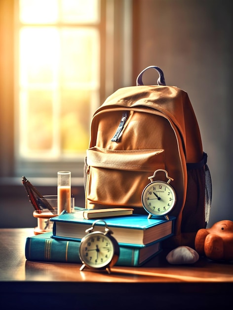 School bag and books on wooden table with school elements in front of window