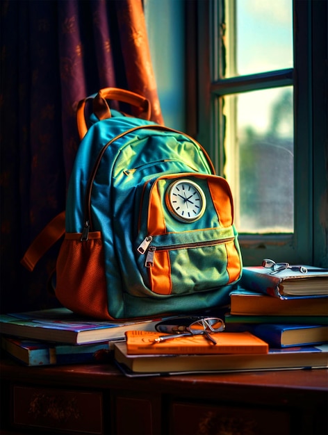 Foto borsa da scuola e libri su tavola di legno con elementi scolastici davanti alla finestra