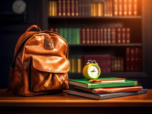 School bag and books on wooden table with school elements