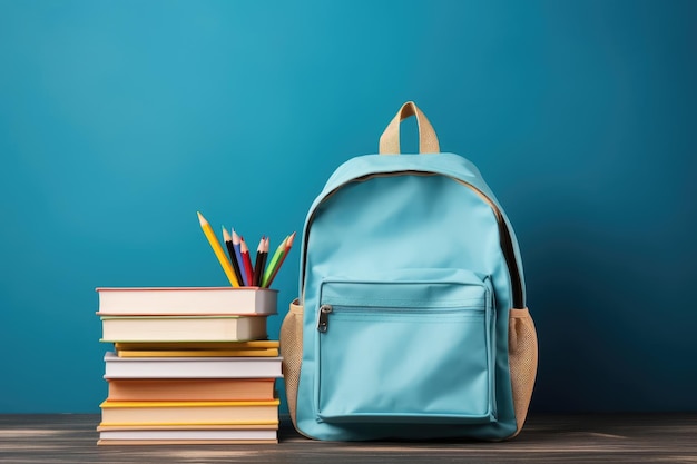 School bag and textbooks in front of a blue background Back to school concept