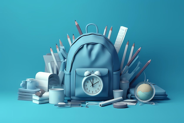 school bag with books and accessories and an alarm clock on a blue background 3D illustration
