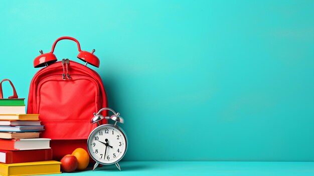 School bag with books and an alarm clock on isolated background