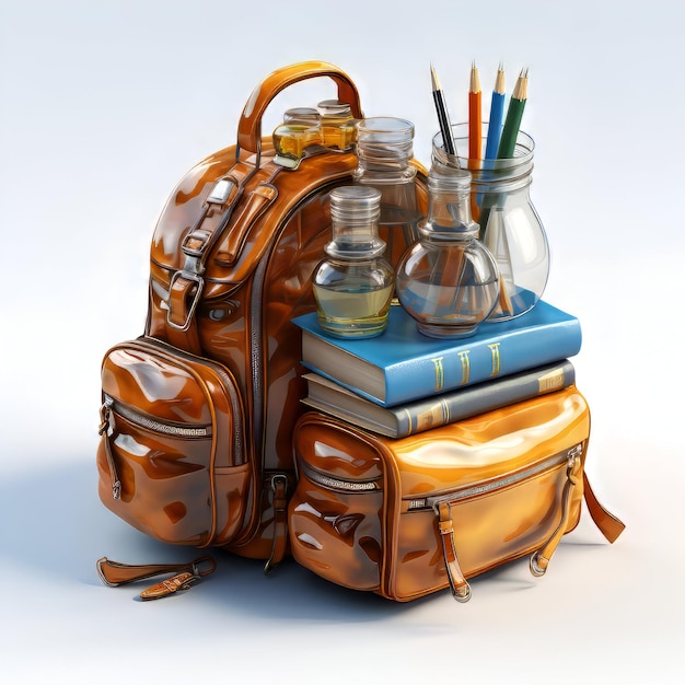 School bag with books and pencils on a white background 3d rendering