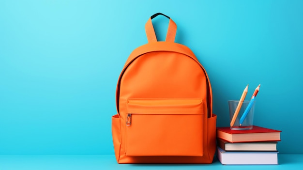 School bag with school supplies on isolated blue background