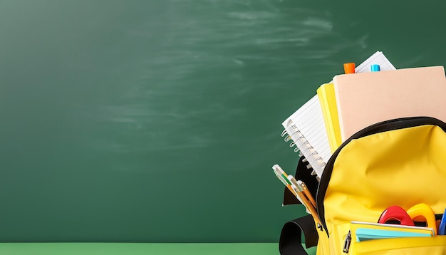 school bag yellow with book and pen