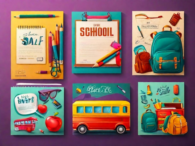 Photo school banners set back to school knowledge education postcard poster with school board and chalk lettering textbooks and stationery vector set of a4 size flyers