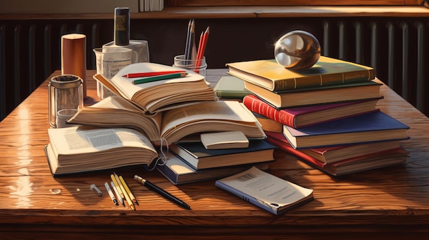 School books on desk photorealistic AI generated