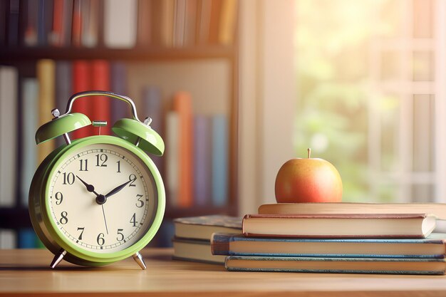 Photo school books glasses apple alarm clock clock library background