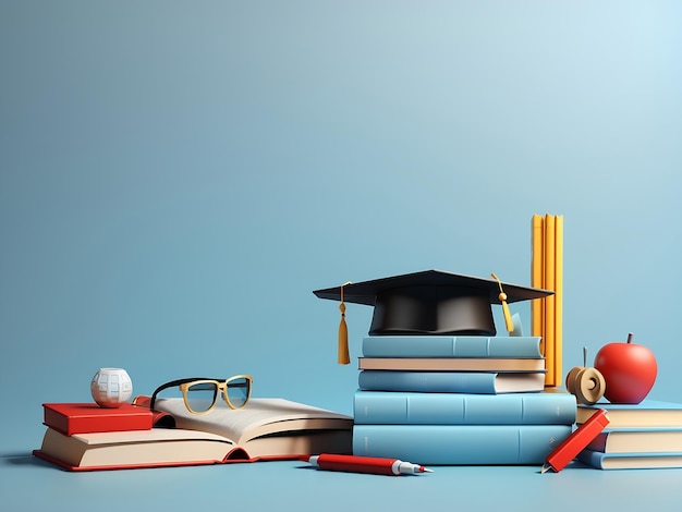 School books with accessories and graduation hat on light blue background with copy space 3D AI