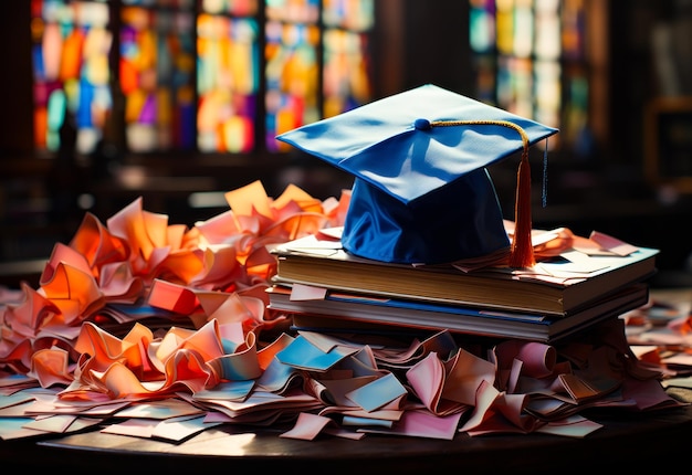 School books with a graduation cap A blue graduation cap sitting on top of a pile of books