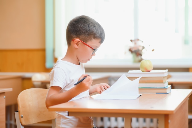 School boy in classroom at lesson