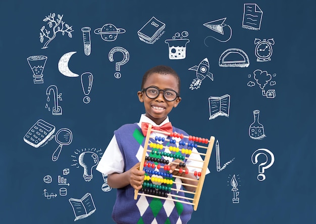 School boy and Education drawing on blackboard for school