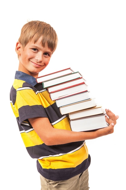 School boy is holding books