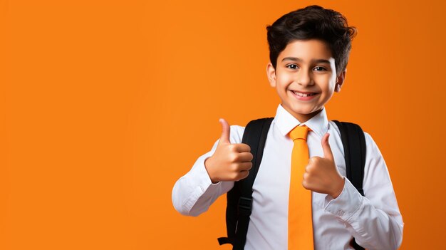 School boy portrait showing thumbs up on isolated background