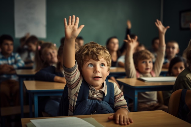 Foto ragazzo di scuola che alza la mano in classe