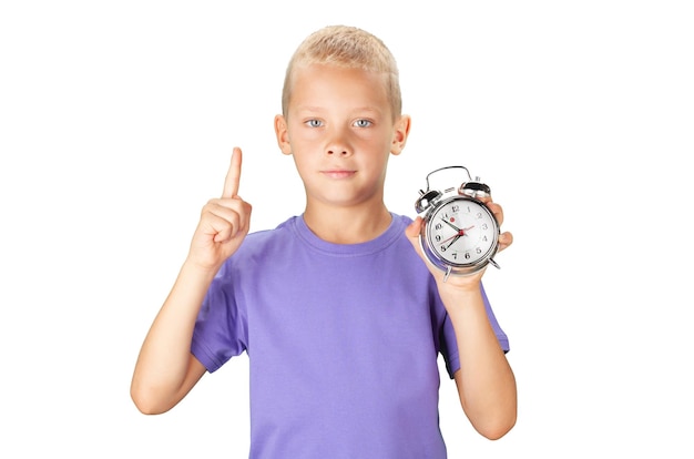 School boy showing alarm clock