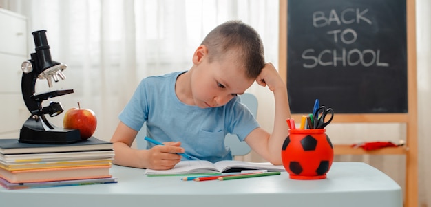 School boy sitting home classroom lying desk filled with books training material schoolchild sleeping lazy bored