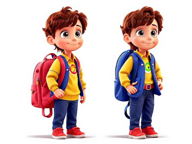 School boy standing with backpack on his back on a white background Generative AI