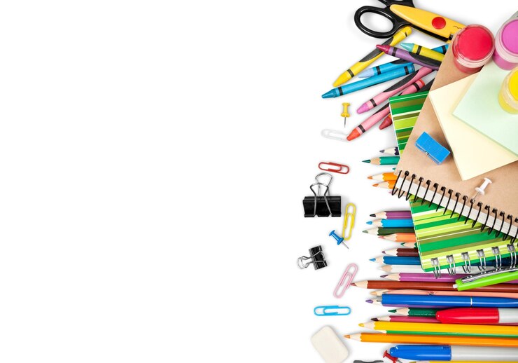 Foto school briefpapier samenstelling geïsoleerd op white