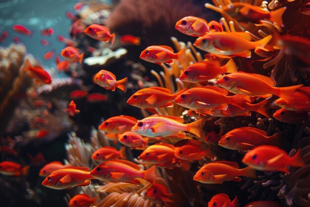 Foto un branco di pesci rosso brillante nella barriera corallina del mar rosso