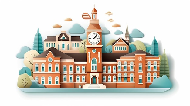 School building illustration in paper cut style on white isolated background