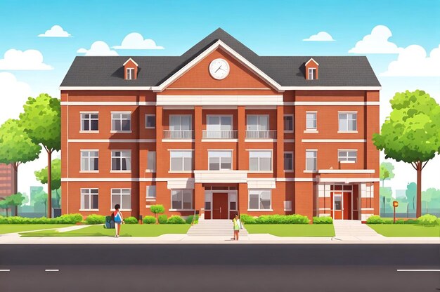 Photo school building illustrations a cartoon of a building with a clock on it