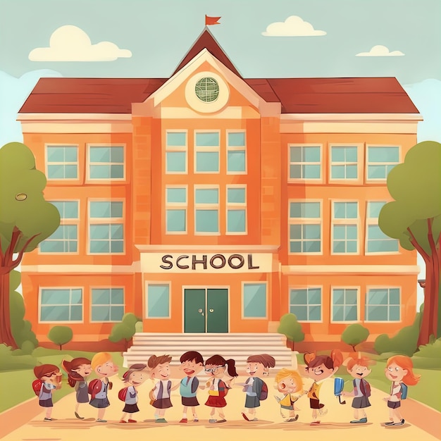 school building and kids in cartoon style vector illustrationschool building with children school