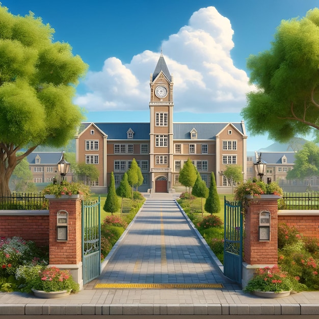 school building with a clock tower flanked by trees and open gates under a blue sky with fluffy cl