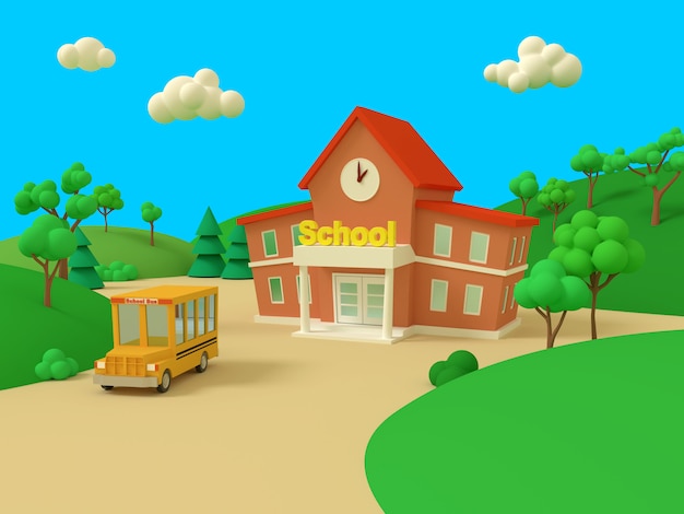Photo school building and yellow bus with green summer beautiful landscape, back to school