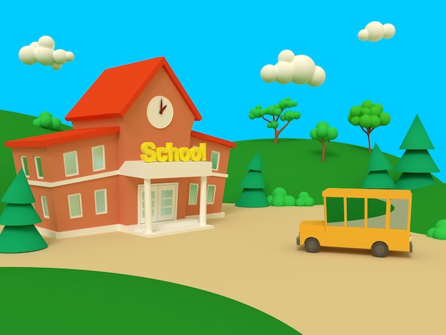 School building and yellow bus with green summer beautiful landscape