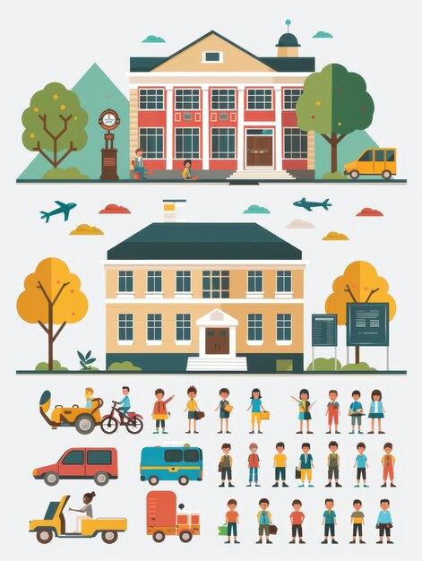 Photo school buildings and people in flat style