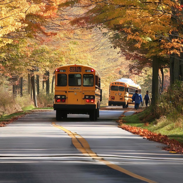 School bus drives down a country road in autumn