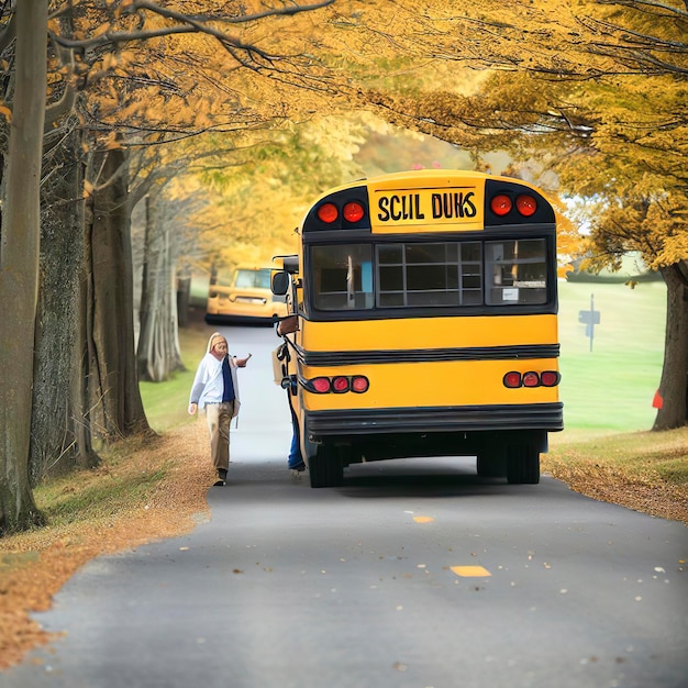 School bus drives down a country road in autumn