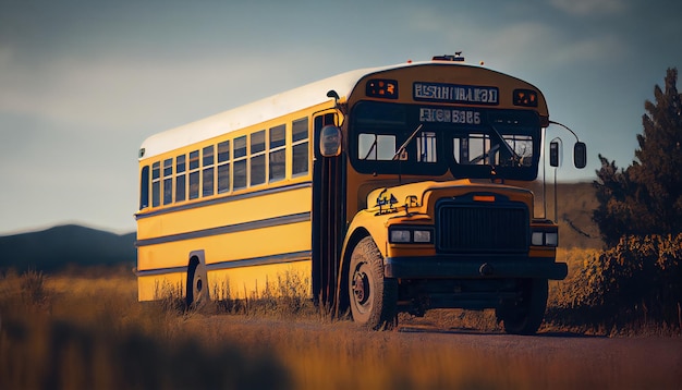 Foto scuolabus che guida sulla strada campestre andando a scuola bella giornata di sole 3d rendering 3d'illustrazione