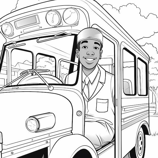 Photo school bus hero coloring page for kids with a cartoon black bus driver