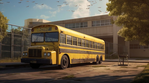 School bus parked outside a school building Created with Generative AI technology